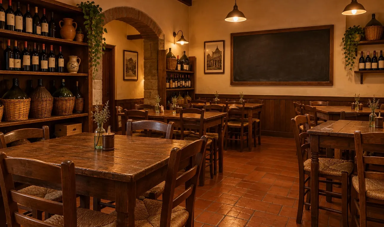 L'interno di un'osteria romana con tavoli di legno e bottiglie di vino